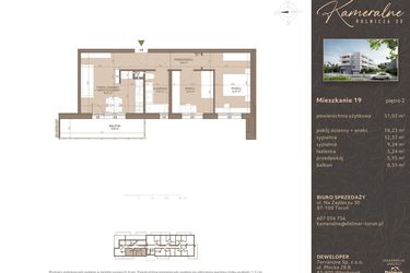 Rzut - Mieszkanie na sprzedaż 3 pokoje o powierzchni 51,03 m² - numer M-19 w Kameralne