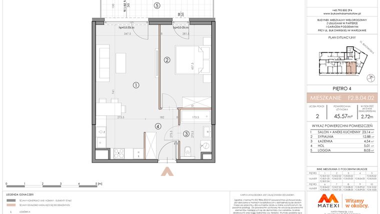 Rzut - Mieszkanie na sprzedaż 2 pokoje o powierzchni 45,53 m² - numer F2.B.04.02 w Bukowińska Mokotów etap 2
