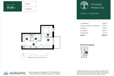 Rzut - Mieszkanie na sprzedaż 2 pokoje o powierzchni 33,56 m² - numer 4.A.2.01 w Murapol Mateczniq