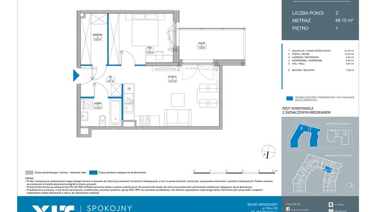 Rzut - Mieszkanie na sprzedaż 2 pokoje o powierzchni 48,1 m² - numer FB0106 w Spokojny Mokotów etap II