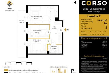 Rzut - Mieszkanie na sprzedaż 3 pokoje o powierzchni 54,46 m² - numer 2A.7 w Corso etap 2