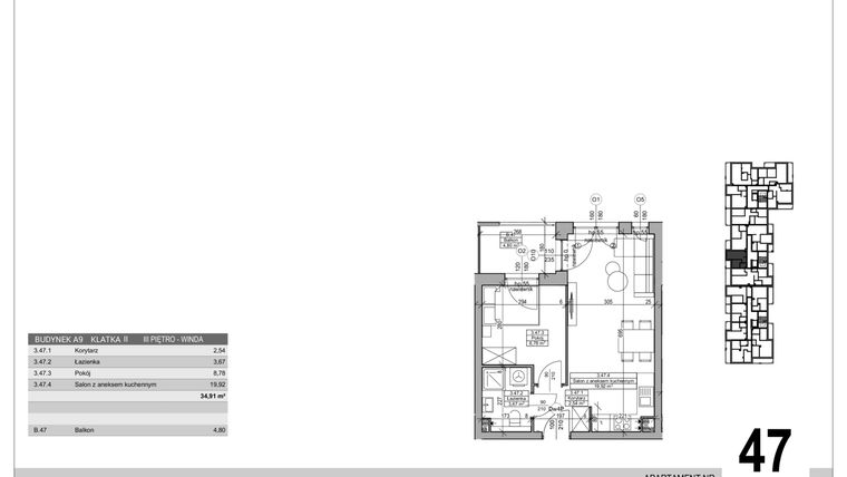 Rzut - Mieszkanie na sprzedaż 2 pokoje o powierzchni 34,91 m² - numer A.9.M.47 w Sobola Biel A9