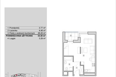 Rzut - Mieszkanie na sprzedaż 1 pokój o powierzchni 34,45 m² - numer H1-A-7-2 w Heyki City
