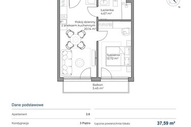 Rzut - Mieszkanie na sprzedaż 2 pokoje o powierzchni 37,53 m² - numer B.3.8 w Anchoria Holiday