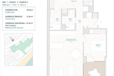 Rzut - Mieszkanie na sprzedaż 3 pokoje o powierzchni 83 m² - numer 4A w Allonbay Urban - Villajoyosa