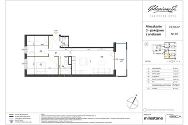 Rzut - Mieszkanie na sprzedaż 3 pokoje o powierzchni 75,78 m² - numer 5 w Kamienica Nova Chopina 22