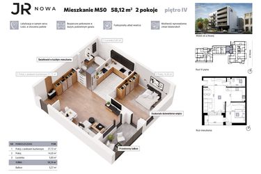 Rzut - Mieszkanie na sprzedaż 2 pokoje o powierzchni 58,12 m² - numer M50 w JR Nowa