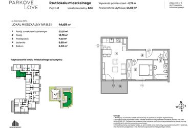 Rzut - Mieszkanie na sprzedaż 2 pokoje o powierzchni 44,69 m² - numer B.51 w Parkove Love