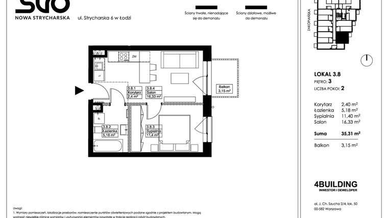 Rzut - Mieszkanie na sprzedaż 2 pokoje o powierzchni 35,31 m² - numer 3.8 w Nowa Strycharska | STR 6