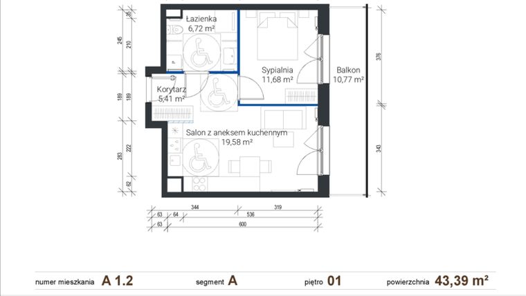 Rzut - Mieszkanie na sprzedaż 2 pokoje o powierzchni 43,39 m² - numer A 1.2 w Nowe Zabłocie