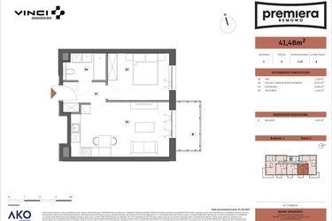 Rzut - Mieszkanie na sprzedaż 2 pokoje o powierzchni 41,48 m² - numer C.12 w Premiera Bemowo