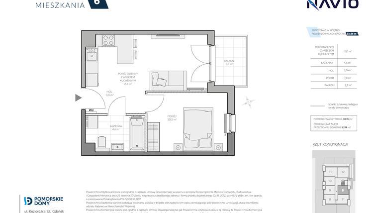 Rzut - Mieszkanie na sprzedaż 2 pokoje o powierzchni 33,96 m² - numer 6 w Navio