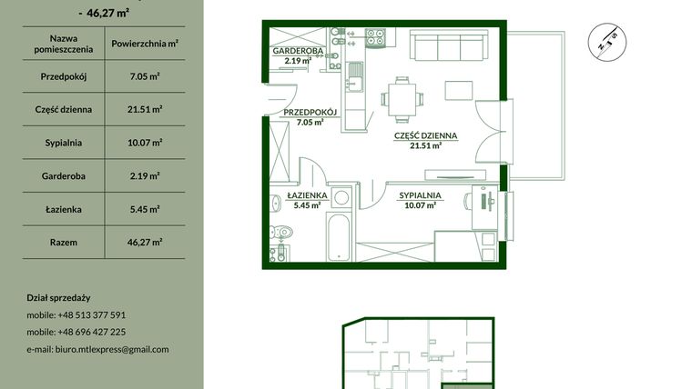 Rzut - Mieszkanie na sprzedaż 2 pokoje o powierzchni 46,27 m² - numer 18 w Bukowa etap II