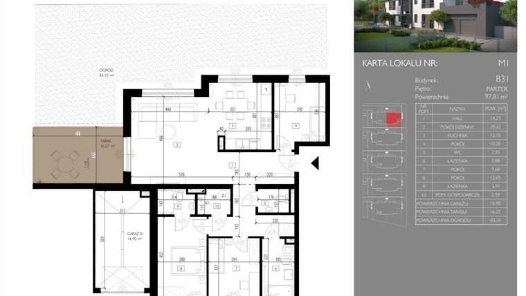 Rzut - Mieszkanie na sprzedaż 4 pokoje o powierzchni 97,81 m² - numer B31.M1 w Leśna Polana