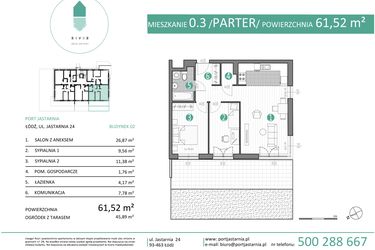 Rzut - Mieszkanie na sprzedaż 3 pokoje o powierzchni 61,52 m² - numer 02.0.3 w Port Jastarnia bud. 02, 03