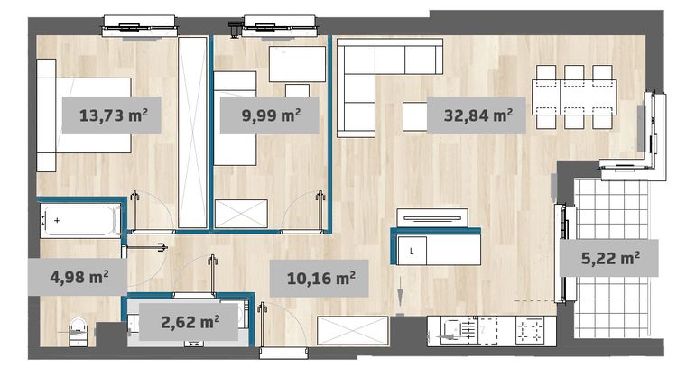 Rzut - Mieszkanie na sprzedaż 3 pokoje o powierzchni 74,38 m² - numer F1.A.01.02 w Sady Żoliborz