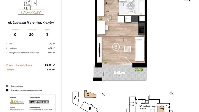Rzut - Mieszkanie na sprzedaż 1 pokój o powierzchni 25,52 m² - numer C20 w Krzesławickie Tarasy