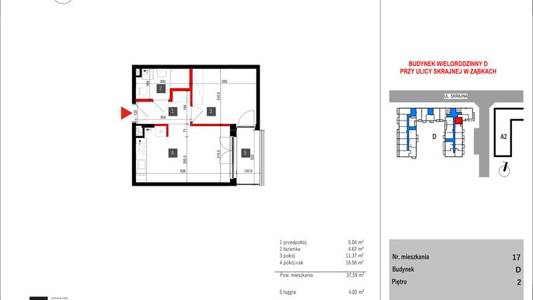 Rzut - Mieszkanie na sprzedaż 2 pokoje o powierzchni 37,59 m² - numer D.17 w Skrajna 9 bud. D