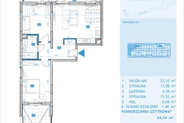 Rzut - Mieszkanie na sprzedaż 3 pokoje o powierzchni 64,54 m² - numer E24 w Osiedle Botaników etap E