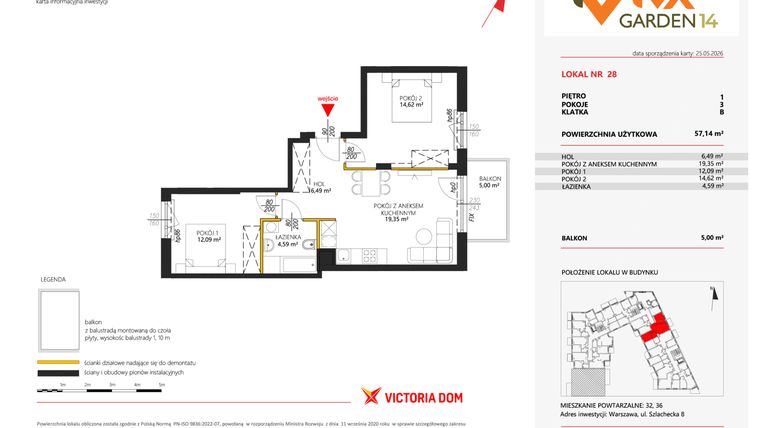 Rzut - Mieszkanie na sprzedaż 3 pokoje o powierzchni 57,14 m² - numer 28 w Viva Garden 14