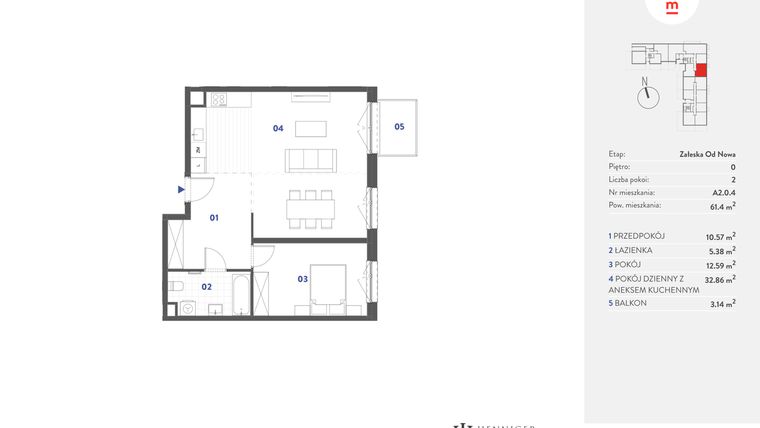 Rzut - Mieszkanie na sprzedaż 2 pokoje o powierzchni 61,4 m² - numer A2.0.4 w Mieszkaj w mieście Załęska od Nowa