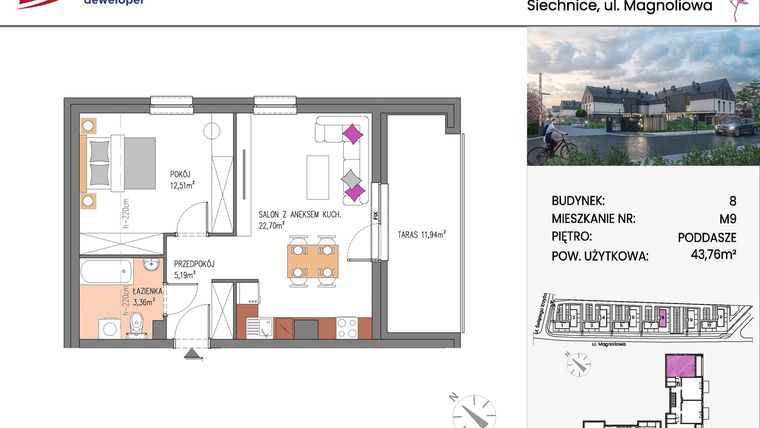 Rzut - Mieszkanie na sprzedaż 2 pokoje o powierzchni 43,76 m² - numer Bud.8-9 w Willa Magnolia