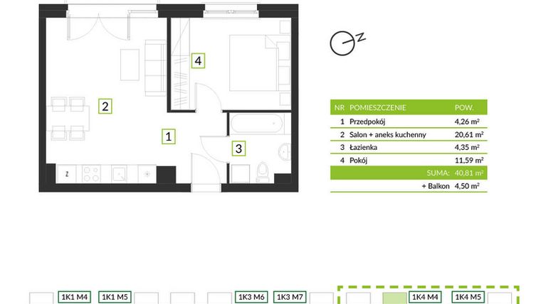 Rzut - Mieszkanie na sprzedaż 2 pokoje o powierzchni 40,81 m² - numer 1K4 M4 w Osiedle Krzeptów przy lesie