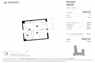 Rzut - Mieszkanie na sprzedaż 1 pokój o powierzchni 38,67 m² - numer 3.B.2.12 w Murapol Agosto