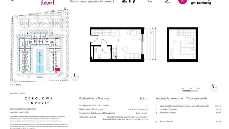 Rzut - Mieszkanie na sprzedaż 1 pokój o powierzchni 33,5 m² - numer 217 w VacationClub Resort