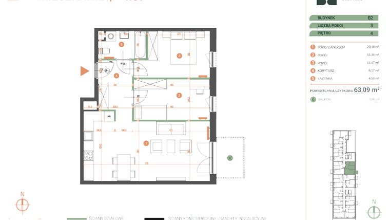 Rzut - Mieszkanie na sprzedaż 3 pokoje o powierzchni 63,09 m² - numer M.04.09 w Casa Feliz Portowa