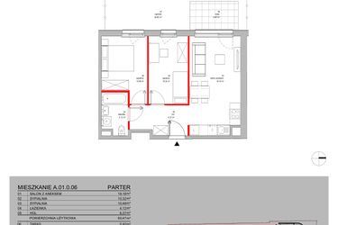 Rzut - Mieszkanie na sprzedaż 3 pokoje o powierzchni 50,47 m² - numer A.01.0.06 w Warszawska 58A
