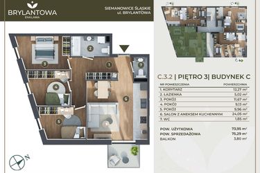 Rzut - Mieszkanie na sprzedaż 4 pokoje o powierzchni 73,95 m² - numer C.3.2 w Brylantowa Enklawa bud. C