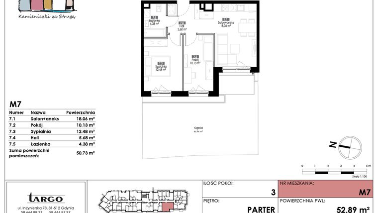 Rzut - Mieszkanie na sprzedaż 3 pokoje o powierzchni 50,73 m² - numer M7 w Kamieniczki za Strugą