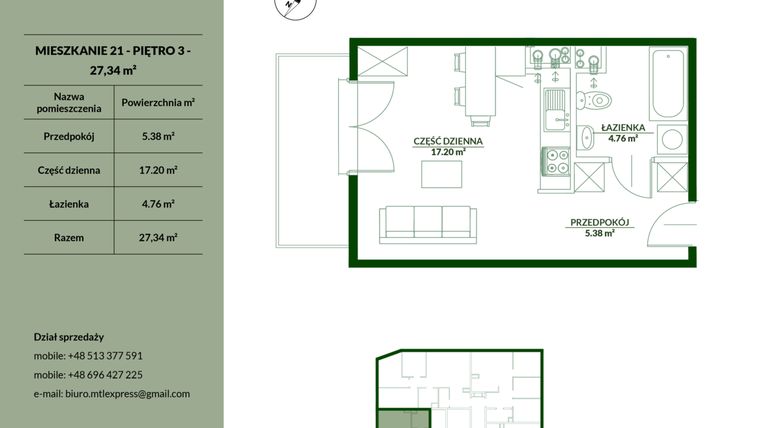 Rzut - Mieszkanie na sprzedaż 1 pokój o powierzchni 27,34 m² - numer 21 w Bukowa etap II