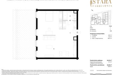 Rzut - Mieszkanie na sprzedaż 1 pokój o powierzchni 62,36 m² - numer 1.01 w Stara Farbiarnia