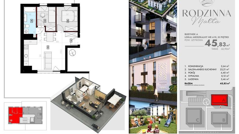 Rzut - Mieszkanie na sprzedaż 3 pokoje o powierzchni 45,34 m² - numer A15 w Rodzinna Malta