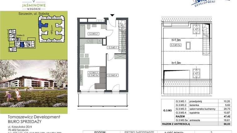 Rzut - Mieszkanie na sprzedaż 3 pokoje o powierzchni 66,03 m² - numer G3M3 w Jaśminowe Wzgórze - etap II