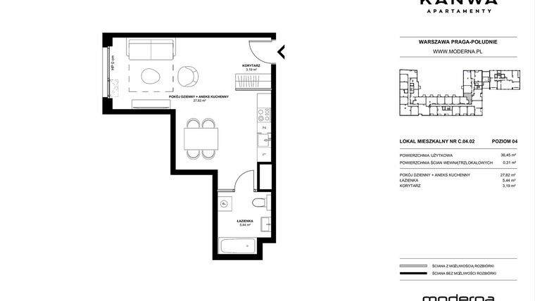 Rzut - Mieszkanie na sprzedaż 1 pokój o powierzchni 36,45 m² - numer C.04.02 w KANWA
