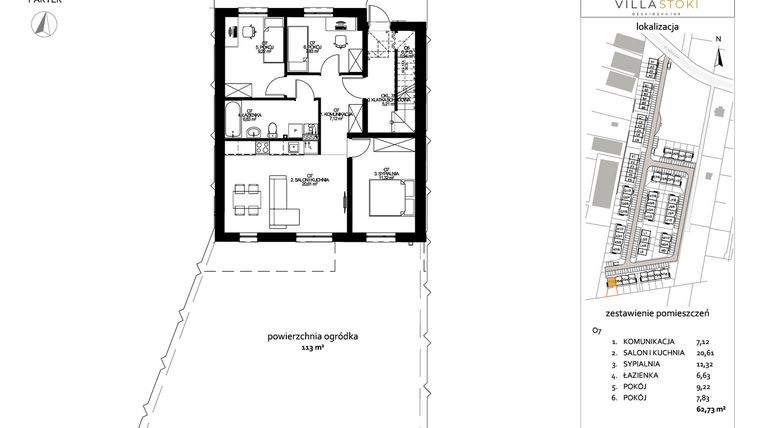 Rzut - Mieszkanie na sprzedaż 4 pokoje o powierzchni 62,73 m² - numer O7 w Villa Stoki (mieszkania)