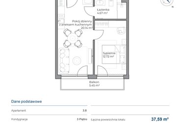 Rzut - Mieszkanie na sprzedaż 2 pokoje o powierzchni 37,59 m² - numer B.3.8 w Anchoria Holiday
