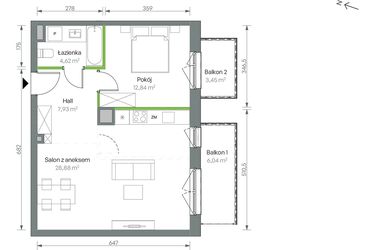 Rzut - Mieszkanie na sprzedaż 2 pokoje o powierzchni 54,27 m² - numer 2/B/1/15 w Oliwska Vita