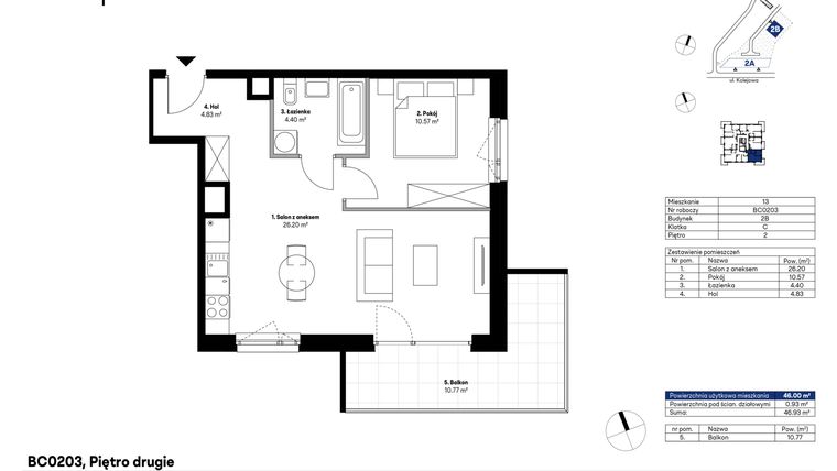 Rzut - Mieszkanie na sprzedaż 2 pokoje o powierzchni 46,44 m² - numer BC0203 w NU2 Warszawa Wola