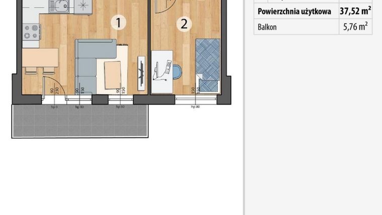 Rzut - Mieszkanie na sprzedaż 2 pokoje o powierzchni 37,52 m² - numer G5-05 w Osada Sportowa Smolec