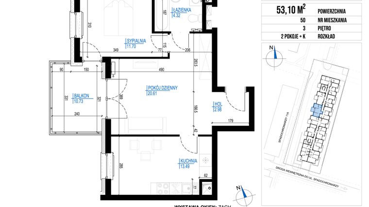 Rzut - Mieszkanie na sprzedaż 2 pokoje o powierzchni 53,1 m² - numer 50 w Vieniava edycja druga