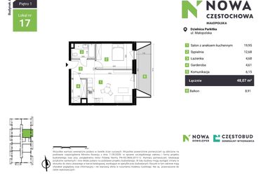 Rzut - Mieszkanie na sprzedaż 2 pokoje o powierzchni 48,07 m² - numer A17 w Nowa Częstochowa Małopolska