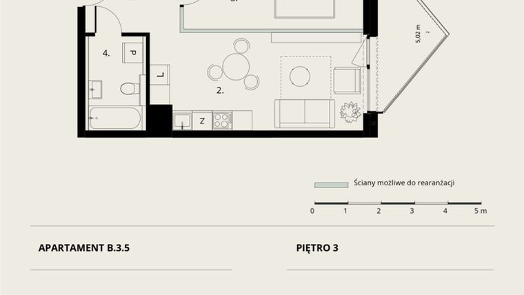 Rzut - Mieszkanie na sprzedaż 2 pokoje o powierzchni 43,09 m² - numer B/3/5 w Ogrodowa 12
