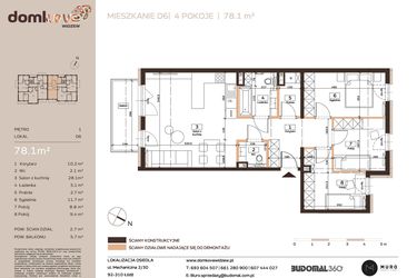 Rzut - Mieszkanie na sprzedaż 4 pokoje o powierzchni 78,1 m² - numer D6 w Domkove Widzew
