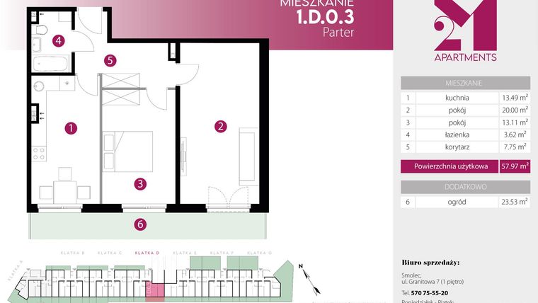Rzut - Mieszkanie na sprzedaż 2 pokoje o powierzchni 57,97 m² - numer 1.D.0.3 w 2M Apartments etap IV