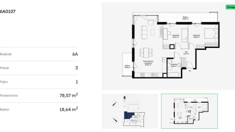 Rzut - Mieszkanie na sprzedaż 3 pokoje o powierzchni 78,57 m² - numer 6A0107 w Jaśminowy Mokotów etap VI