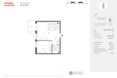 Rzut - Mieszkanie na sprzedaż 2 pokoje o powierzchni 45,35 m² - numer A3.102.M02 w Mieszkaj w mieście - Ogrody Glogera